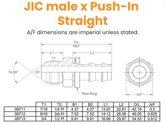 7/16 JIC Male x 1/4 Hose Push In Straight